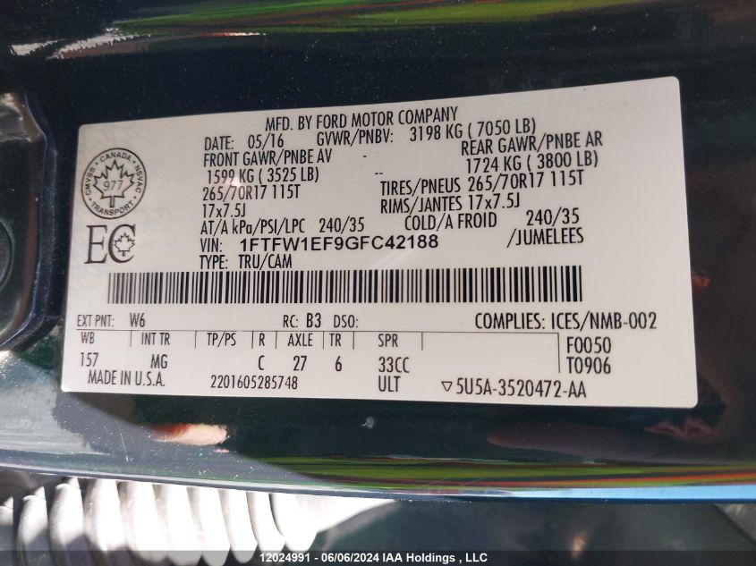 2016 Ford F150 Supercrew VIN: 1FTFW1EF9GFC42188 Lot: 12024991