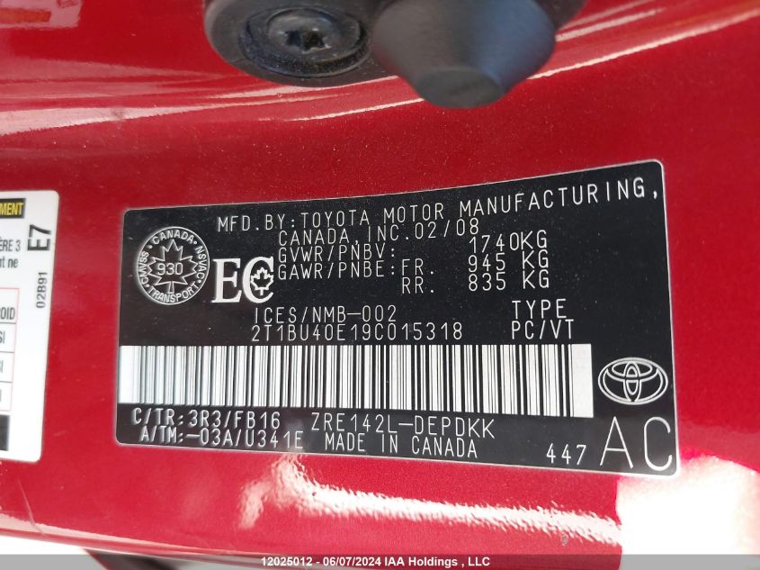 2009 Toyota Corolla Le VIN: 2T1BU40E19C015318 Lot: 12025012
