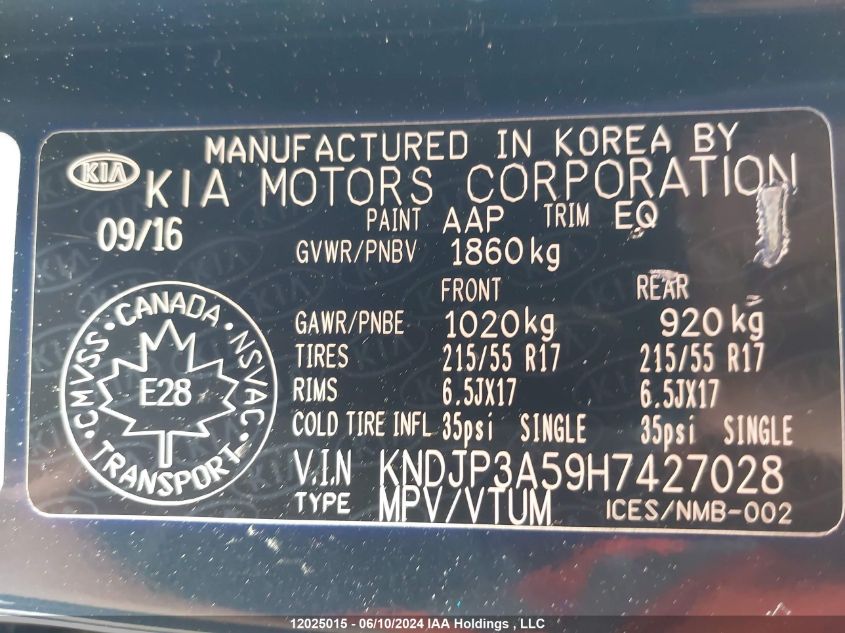 2017 Kia Soul VIN: KNDJP3A59H7427028 Lot: 12025015