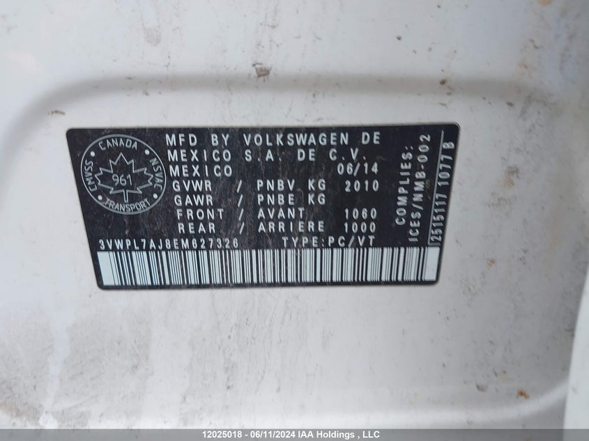 2014 Volkswagen Jetta Tdi VIN: 3VWPL7AJ8EM627326 Lot: 12025018