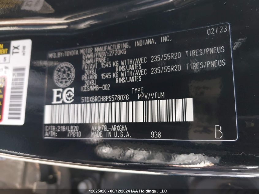 2023 Toyota Highlander Hybrid Limited/Hybrid Platinum VIN: 5TDXBRCH8PS578076 Lot: 12025020