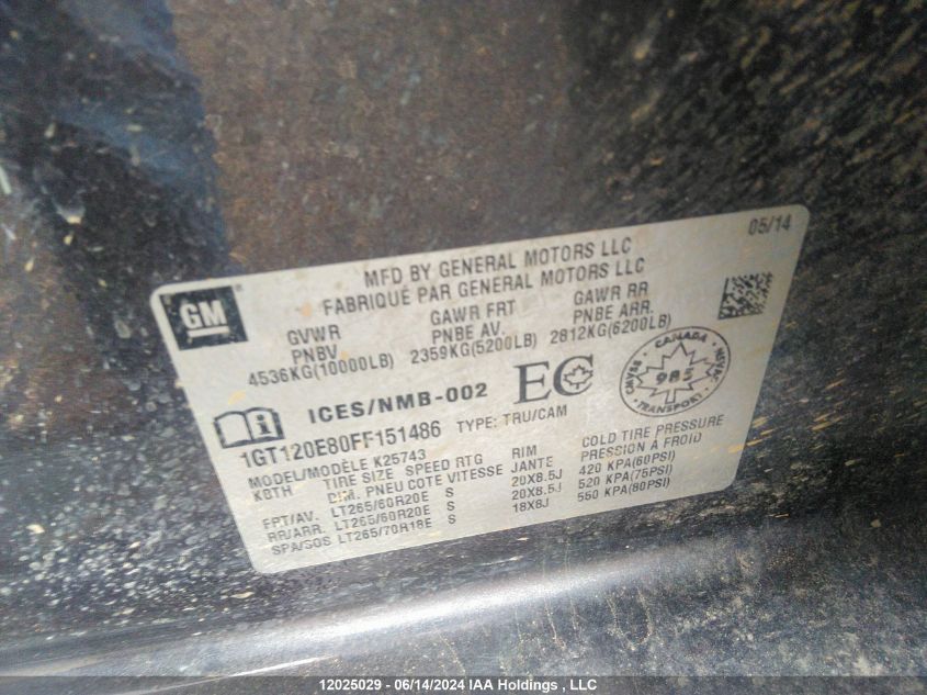 2015 GMC Sierra 2500Hd VIN: 1GT120E80FF151486 Lot: 12025029
