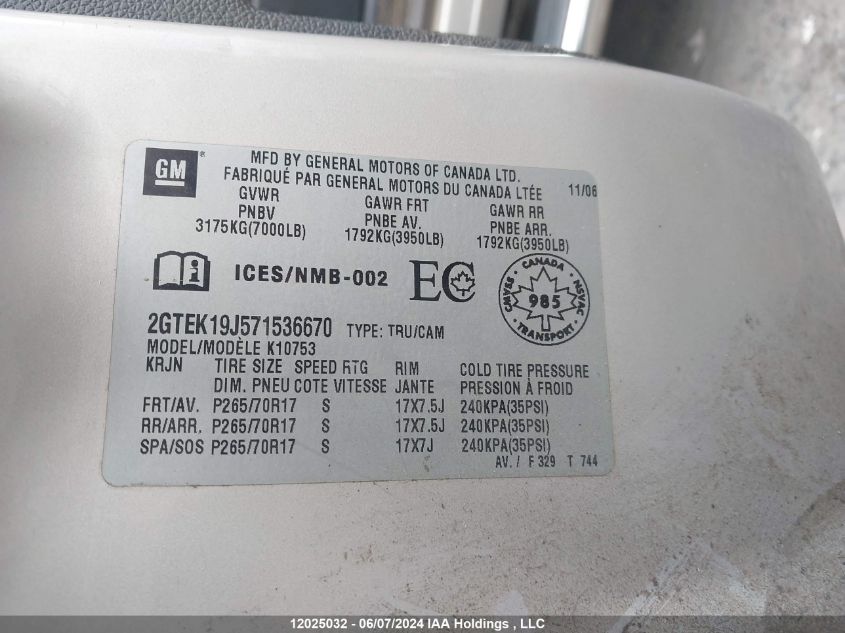 2007 GMC Sierra 1500 VIN: 2GTEK19J571536670 Lot: 12025032