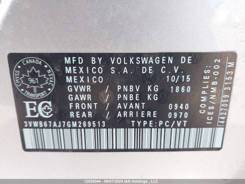 2016 Volkswagen Jetta Sedan VIN: 3VWB67AJ7GM269513 Lot: 12025044