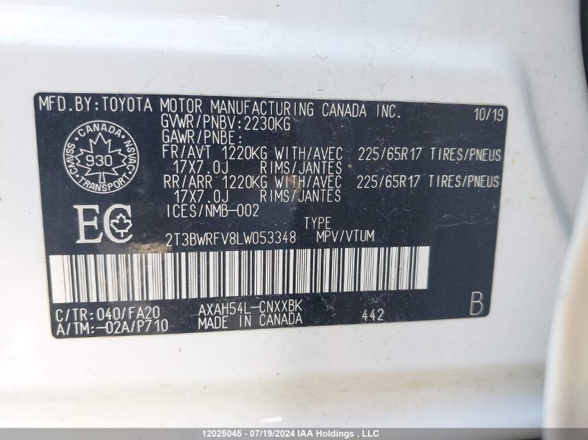 2020 Toyota Rav4 VIN: 2T3BWRFV8LW053348 Lot: 12025045