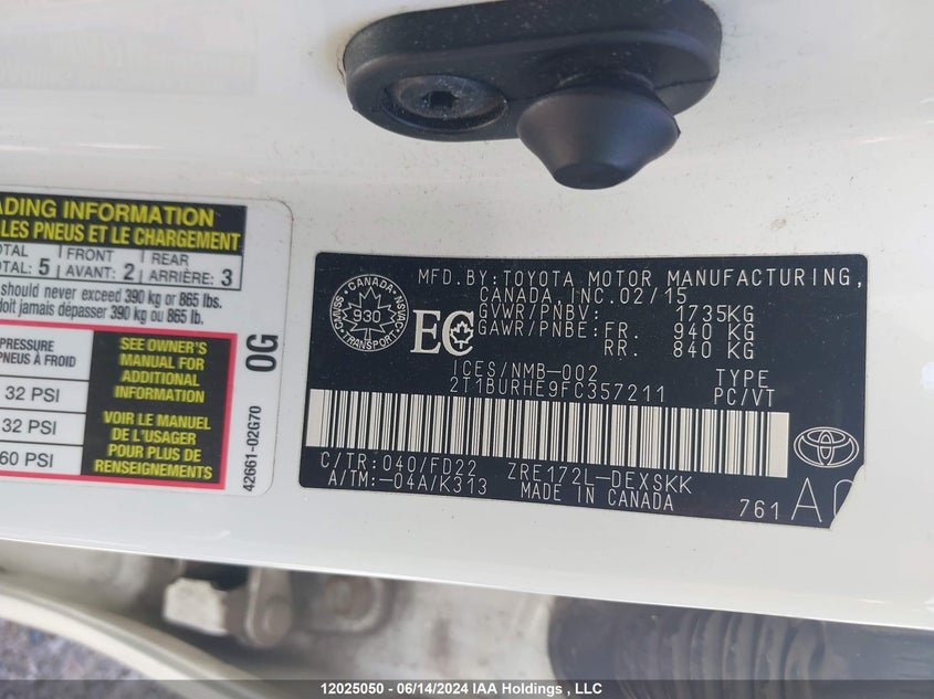 2015 Toyota Corolla Ce/Le/S VIN: 2T1BURHE9FC357211 Lot: 12025050