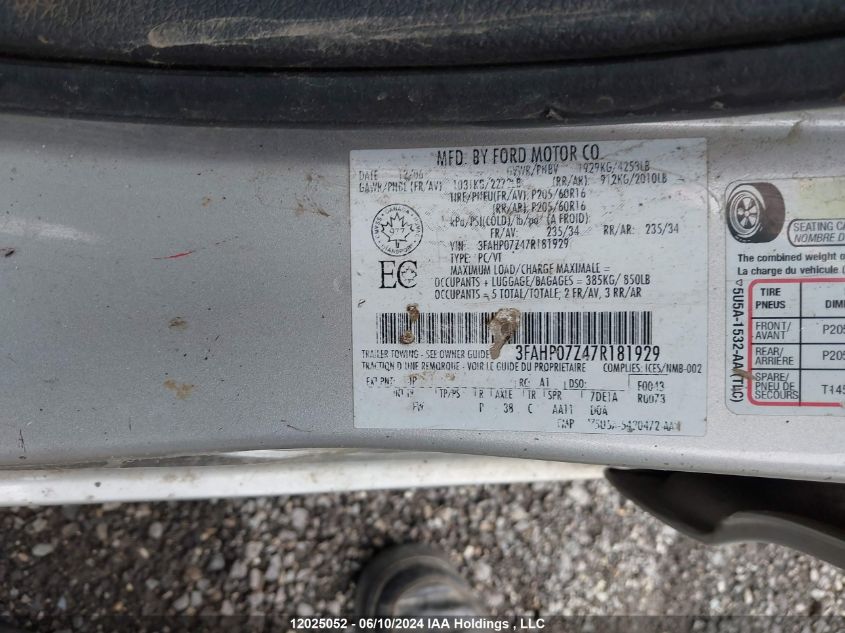2007 Ford Fusion VIN: 3FAHP07Z47R181929 Lot: 12025052