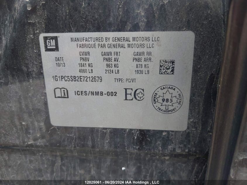 2014 Chevrolet Cruze VIN: 1G1PC5SB2E7212679 Lot: 12025061