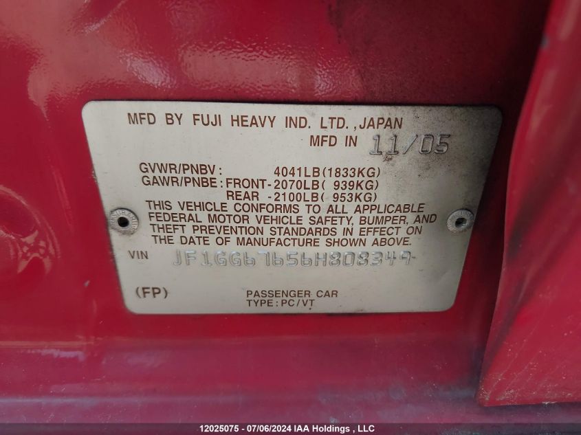 2006 Subaru Impreza 2.5I Sports Wagon VIN: JF1GG67656H808349 Lot: 12025075