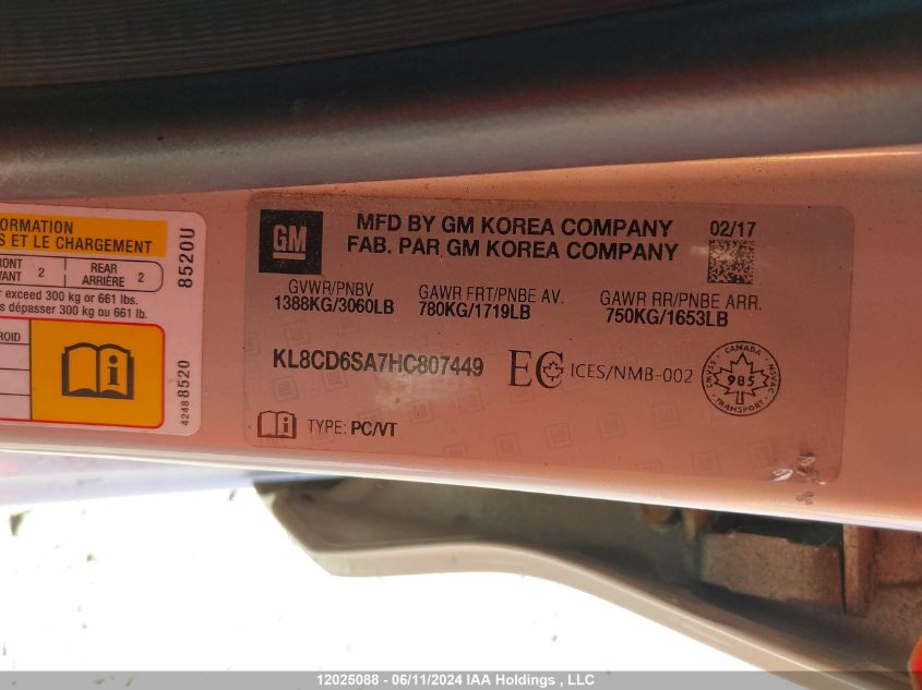 2017 Chevrolet Spark VIN: KL8CD6SA7HC807449 Lot: 12025088