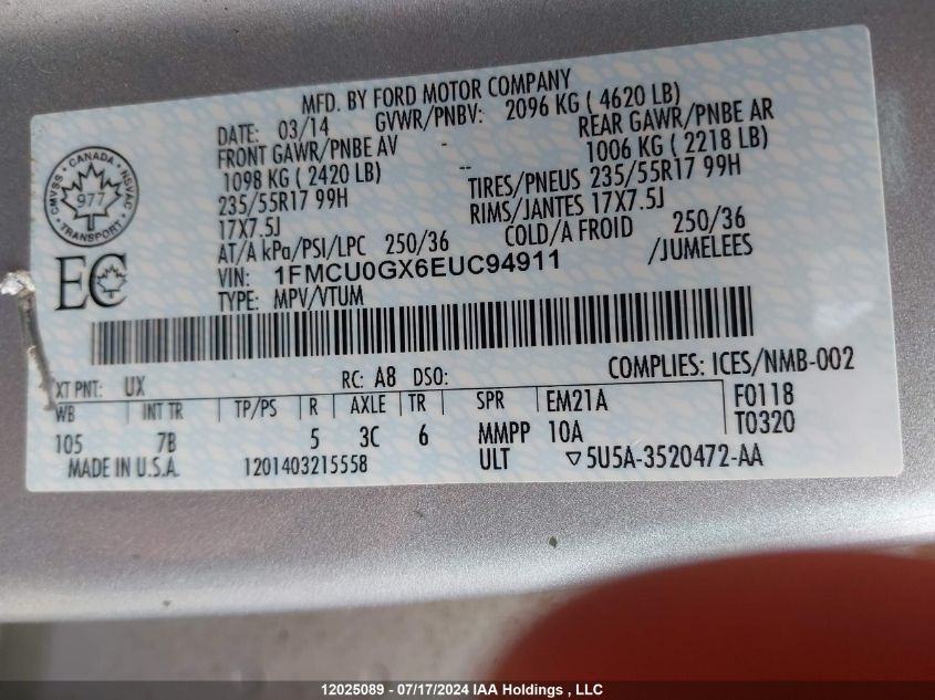 2014 Ford Escape Se VIN: 1FMCU0GX6EUC94911 Lot: 12025089