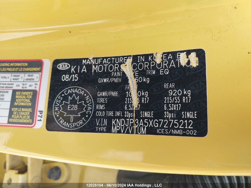 2016 Kia Soul VIN: KNDJP3A5XG7275212 Lot: 12025104