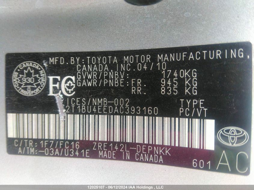 2010 Toyota Corolla VIN: 2T1BU4EE0AC393160 Lot: 12025107