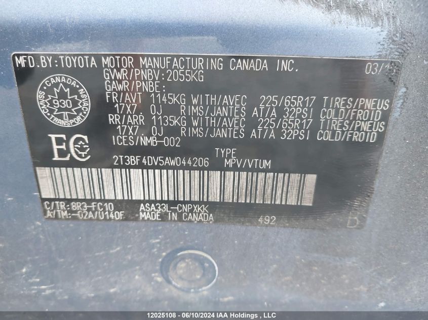2010 Toyota Rav4 VIN: 2T3BF4DV5AW044206 Lot: 12025108