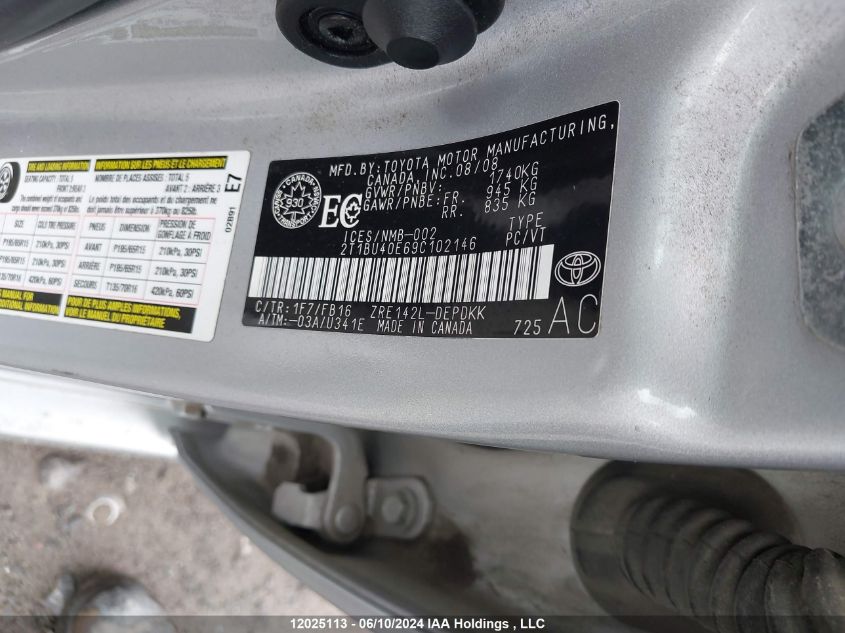 2009 Toyota Corolla VIN: 2T1BU40E69C102146 Lot: 12025113