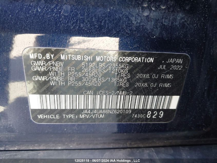 2022 Mitsubishi Outlander VIN: JA4J4UA86NZ620109 Lot: 12025118