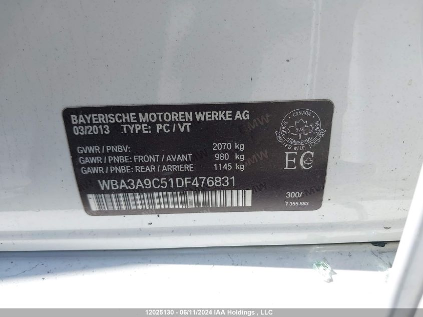 2013 BMW 3 Series VIN: WBA3A9C51DF476831 Lot: 12025130