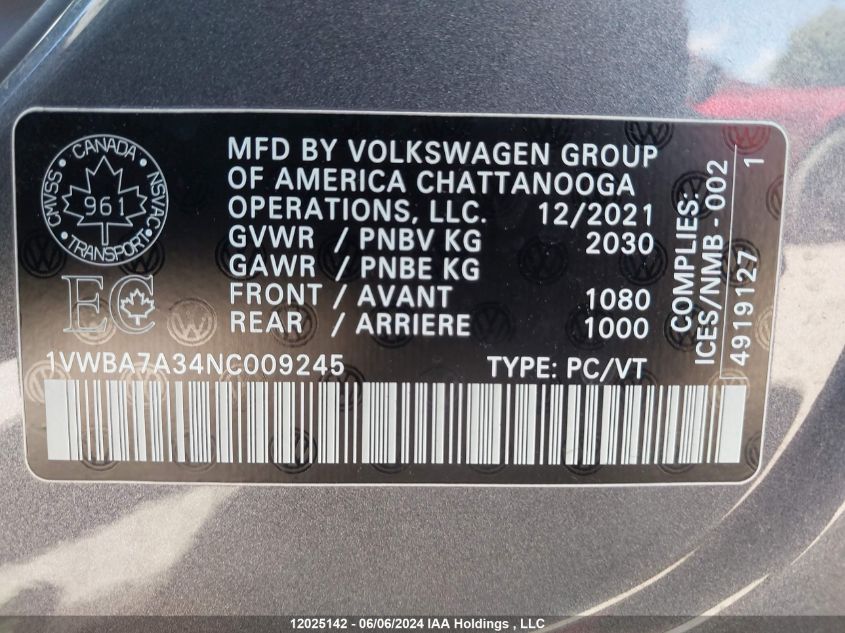 2022 Volkswagen Passat Limited Edition VIN: 1VWBA7A34NC009245 Lot: 12025142