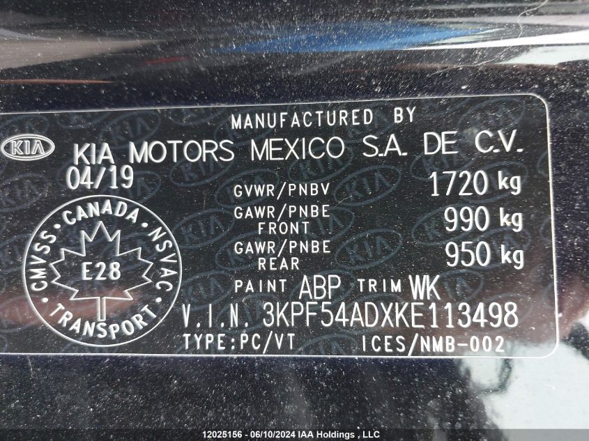 2019 Kia Forte Ex VIN: 3KPF54ADXKE113498 Lot: 12025156