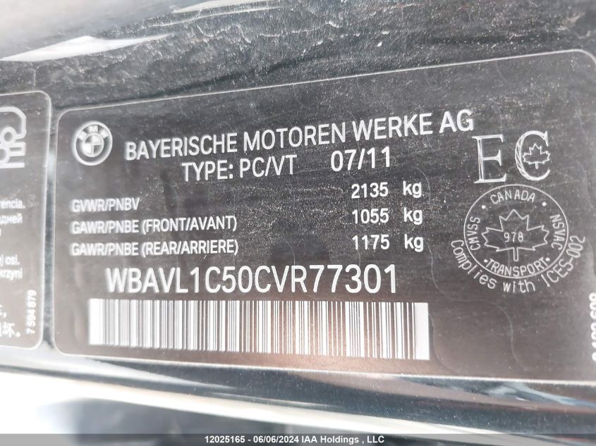 2012 BMW X1 VIN: WBAVL1C50CVR77301 Lot: 12025165