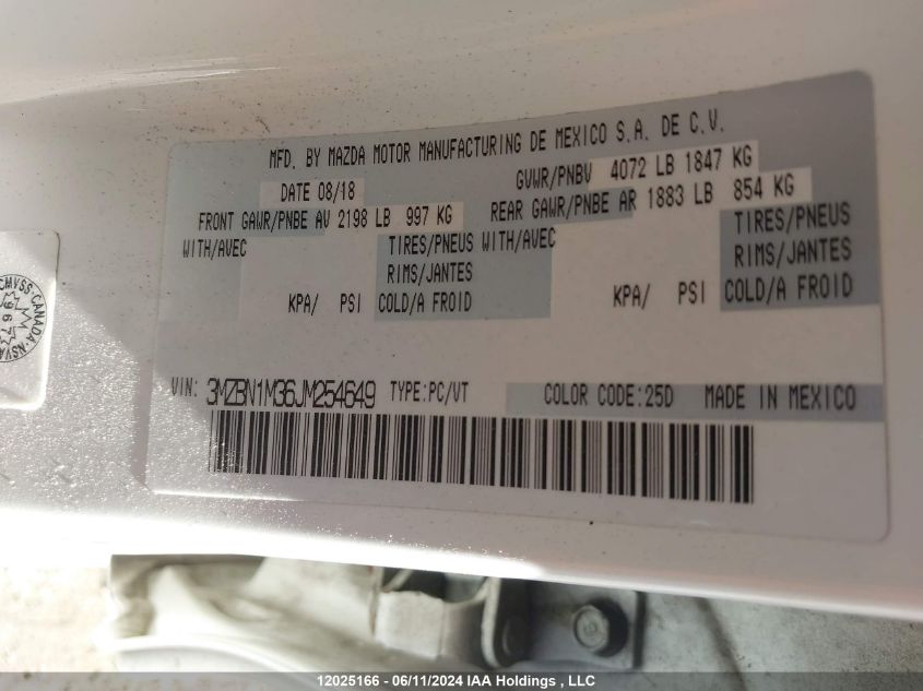 2018 Mazda Mazda3 VIN: 3MZBN1M36JM254649 Lot: 12025166