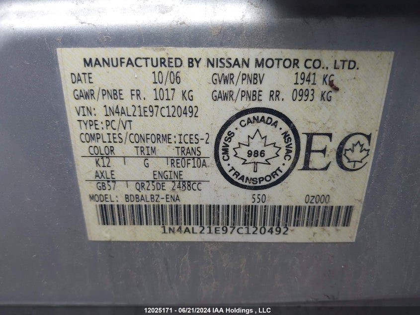 2007 Nissan Altima 2.5/2.5S VIN: 1N4AL21E97C120492 Lot: 12025171