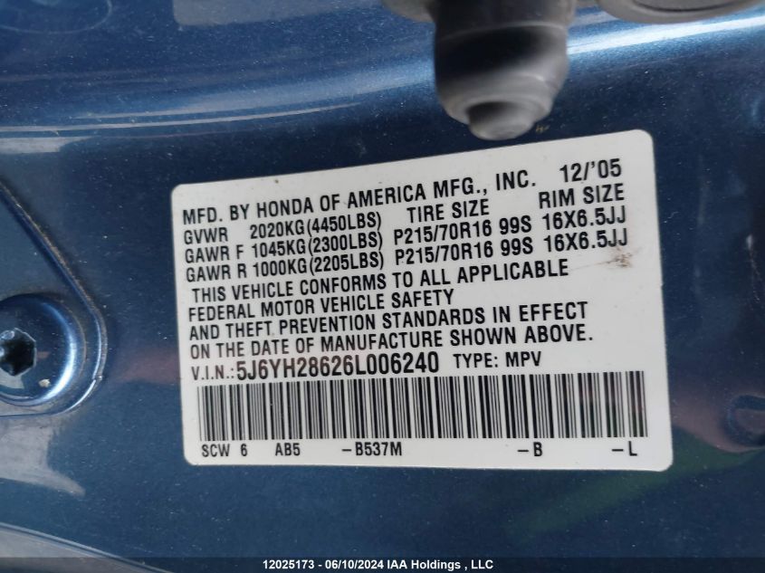 2006 Honda Element Ex VIN: 5J6YH28626L006240 Lot: 12025173