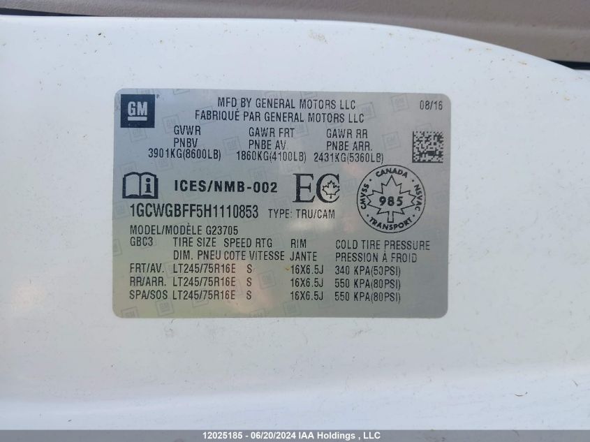 2017 Chevrolet Express Cargo Van VIN: 1GCWGBFF5H1110853 Lot: 12025185