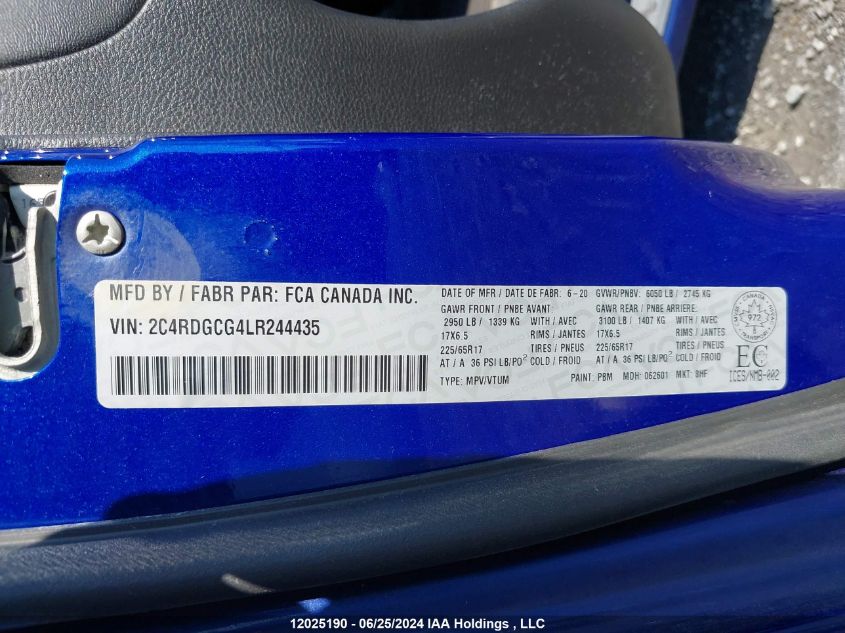 2020 Dodge Grand Caravan Premium Plus VIN: 2C4RDGCG4LR244435 Lot: 12025190