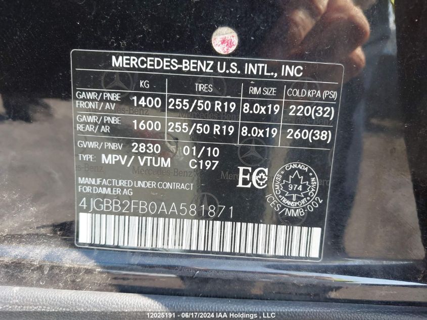 2010 Mercedes-Benz Ml 350 Bluetec VIN: 4JGBB2FB0AA581871 Lot: 12025191