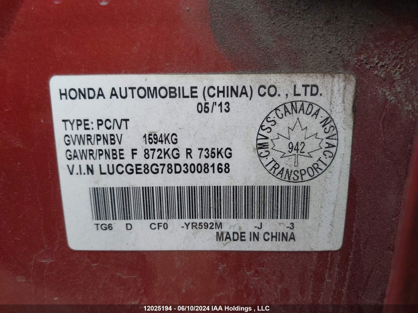 2013 Honda Fit VIN: LUCGE8G78D3008168 Lot: 12025194