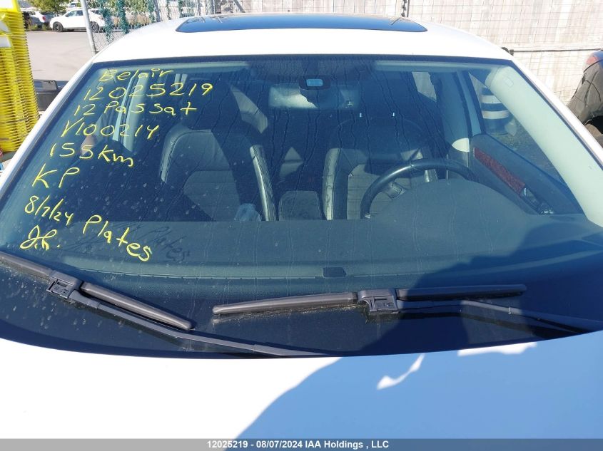 2012 Volkswagen Passat VIN: 1VWCN7A32CC100214 Lot: 12025219