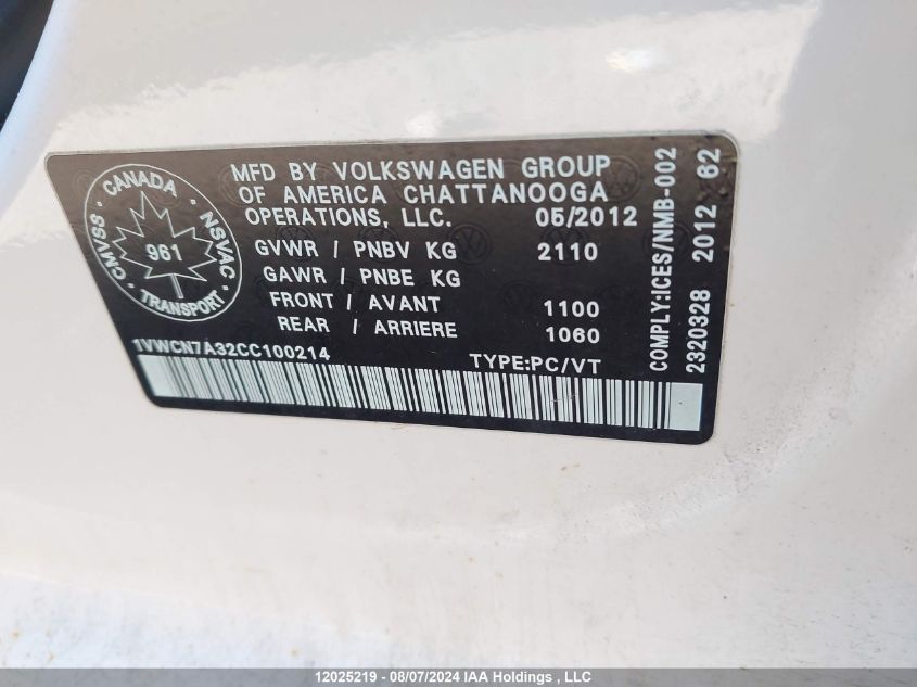 2012 Volkswagen Passat VIN: 1VWCN7A32CC100214 Lot: 12025219