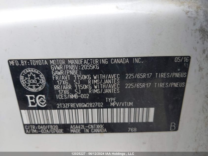 2016 Toyota Rav4 Le VIN: 2T3ZFREV8GW282702 Lot: 12025227