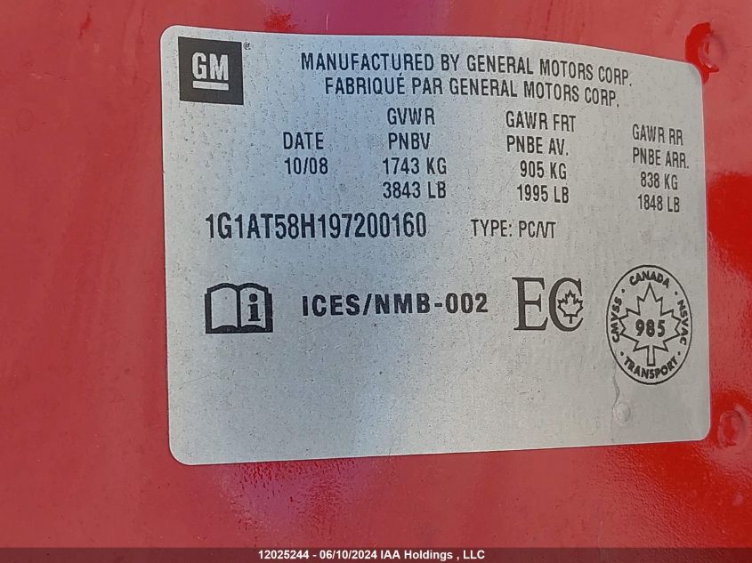 2009 Chevrolet Cobalt VIN: 1G1AT58H197200160 Lot: 12025244