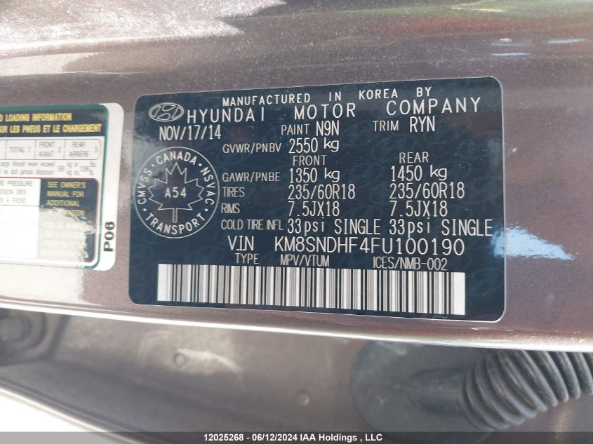 2015 Hyundai Santa Fe Xl Luxury VIN: KM8SNDHF4FU100190 Lot: 12025268