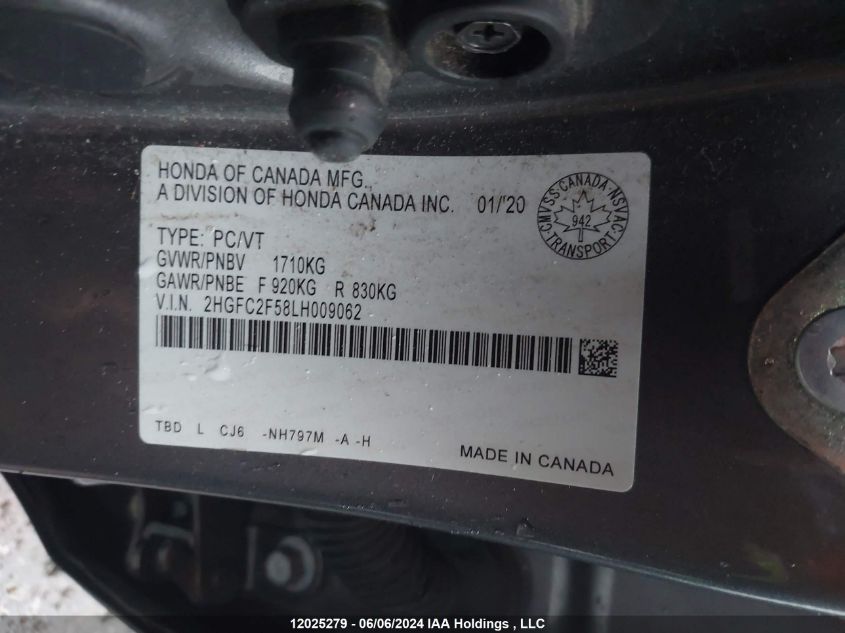 2020 Honda Civic Lx VIN: 2HGFC2F58LH009062 Lot: 12025279