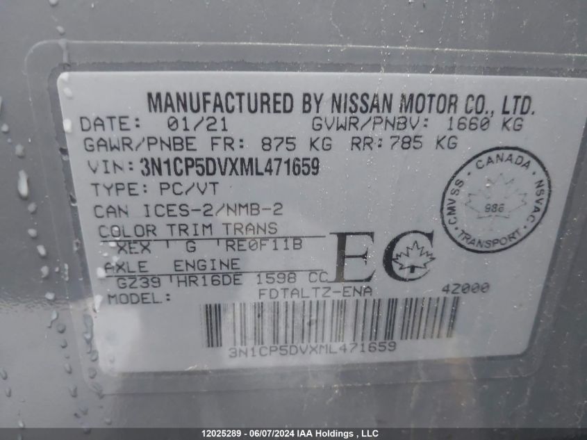 2021 Nissan Kicks VIN: 3N1CP5DVXML471659 Lot: 12025289