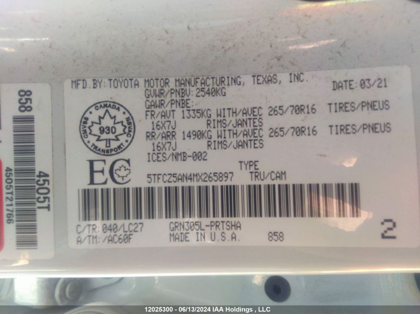 2021 Toyota Tacoma VIN: 5TFCZ5AN4MX265897 Lot: 12025300