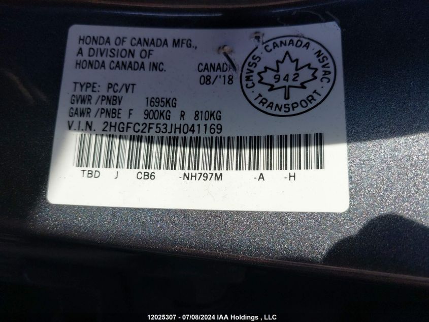 2018 Honda Civic VIN: 2HGFC2F53JH041169 Lot: 12025307