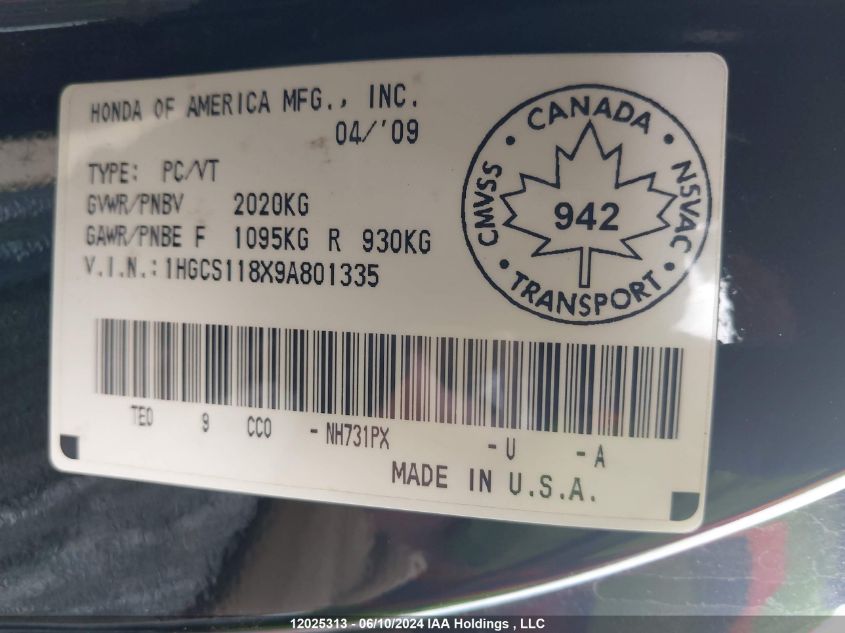 2009 Honda Accord Cpe VIN: 1HGCS118X9A801335 Lot: 12025313