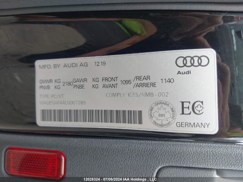 2020 Audi A4 Premium Plus VIN: WAUENAF44LN007285 Lot: 12025324