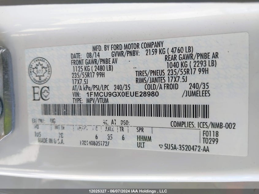 2014 Ford Escape Se VIN: 1FMCU9GX0EUE28980 Lot: 12025327