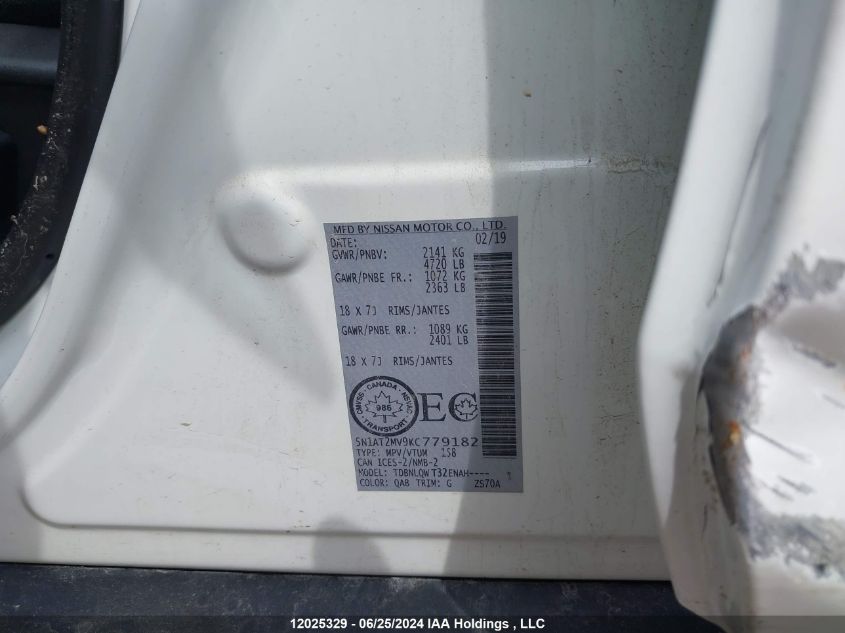 2019 Nissan Rogue S/Sl/Sv VIN: 5N1AT2MV9KC779182 Lot: 12025329