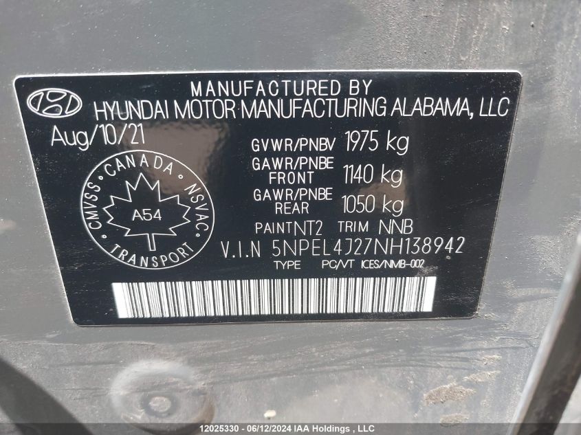 2022 Hyundai Sonata Luxury VIN: 5NPEL4J27NH138942 Lot: 12025330