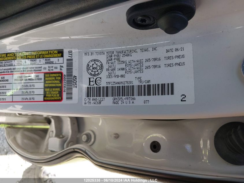 2021 Toyota Tacoma Double Cab/Sr/Sr5/Trd Sport/Trd Off Road/Trd Pro VIN: 5TFCZ5AN6MX278201 Lot: 12025335