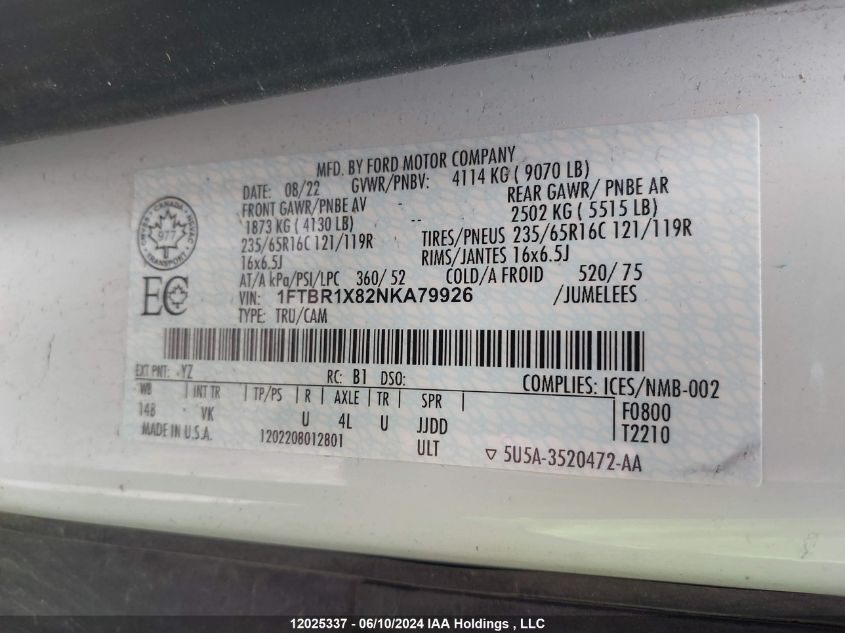 2022 Ford Transit T-250 VIN: 1FTBR1X82NKA79926 Lot: 12025337