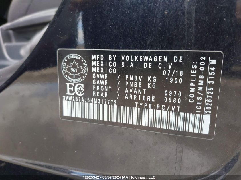 2017 Volkswagen Jetta Sedan VIN: 3VW2B7AJ6HM217772 Lot: 12025342