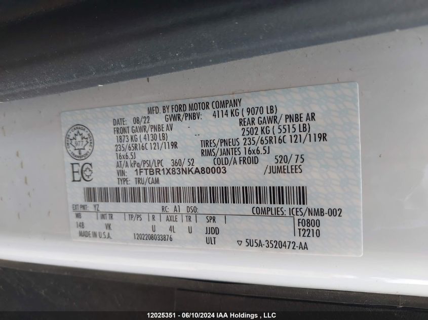 2022 Ford Transit T-250 VIN: 1FTBR1X83NKA80003 Lot: 12025351