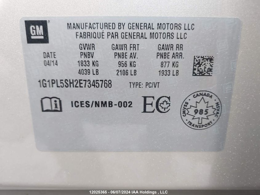 2014 Chevrolet Cruze VIN: 1G1PL5SH2E7345768 Lot: 12025365